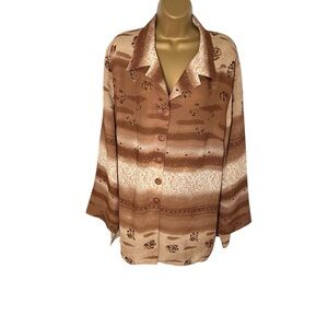 Vintage 80s 90s Anna Button Down Blouse Floral Stripe Satin Look Brown 2X
